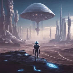 electronic humanoid in an alien landscape. city in the distance. space ships in the air