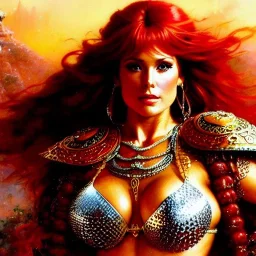 Drawing of beautiful face,'beautiful ,Busty Red Sonja',intense stare, ancient skintight armor, balanciaga fashion clothe painting by gaston bussiere, greg rutkowski, yoji shinkawa, yoshitaka amano, tsutomu nihei, donato giancola, tim hildebrandt, Oil on canvas, cinematic composition, extreme detail,fit full head inside picture,16k