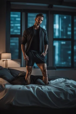 "Ultra realistic full body shot a handsome male underwear model in bed concept, looking at the camera,full legs, cyberpunk, neo-figurative,concept ,full length view, face , full size, science, technology,future,electric ,futuristic style, design, practicality,manufacturability,performance, HOF, professional photographer, captured with professional DSLR camera, trending on Artstation, 64k, full size, ultra detailed, ultra accurate detailed, bokeh lighting, surrealism, backgr