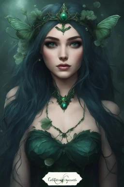 Dark green hair, elven crown, roses emerald, Water lilies, long hair lotus ,night, Fairy princess rapunzel hair ,queen crown, dragonflies fireflies ,elven tiara ,flowers, fairy wings, gothic, dark green ,fairy crown,butterflies