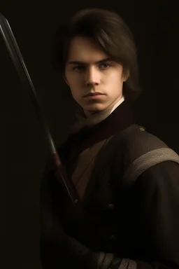 european brown hair young adult royal guard swordsman with rapier dieselpunk