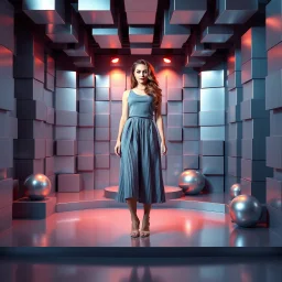 make a picture pretty stage made of metallic blue-gray teme 3d recursive cubic and sphere and cylinder base structures and a beautiful fashion model lady standing with cute in scene with sexy top and pretty pleated midi skirt ,makeup curvy long hair,dynamic camera zoom to full body and pan, dynamic lights.