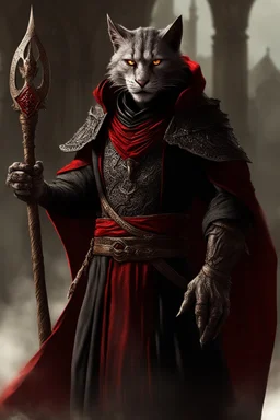 Male khajiit with grey fur and Hazel eyes wearing blood red and black robes in a fantasy setting, sorcerer of death