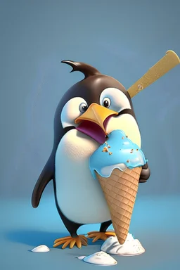 Cartoon character penguin eating ice cream