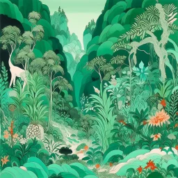 A mint colored jungle with crystals and gems painted by Katsushika Hokusai