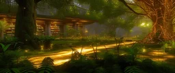 a huge library in forest with fireflies and yellow magic lights around trees that have wide leaves and broad trunked. Realistic