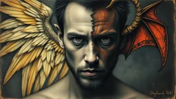 old worn postcard, Portrait Light and darkness in one person, angel and demon in one person, abstract art additional colors small details,