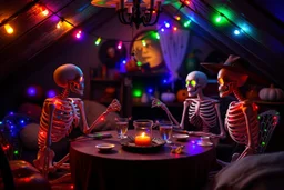 Glowing Halloween skeletons having a tea party in the haunted house attic. Colorful string lights and festive decorations create a spooky magical atmosphere