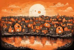 whimsical fishing village made up of entirely orange color, Orange Monochrome color scheme, orange ink illustration reminiscent of Alexander Jansson, variant orange hues creating contrast between the orange houses lined up on shore, orange sun casting its orange concentric rings onto the village and reflecting off the water, incredible contrast, different contrasting textures, orange sky, orange water, smooth, reflective, rhymes with orange.