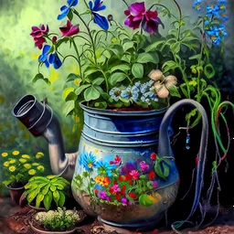 beautiful old watering can surrounded by gorgeous plants and flowers Modifiers: Award winning photography oil on canvas beautiful