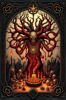 death tyrant beholder with zombie horde, fruitfull tree everlasting myrriad and a star golem feast framed with spiral keys and sigils and celtic symbols