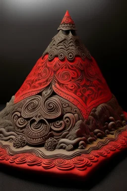 A grayish red volcano made out of African masks designed in Mehndi design