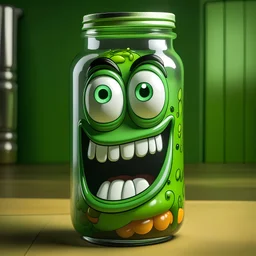 a jar of cartoon character pickles with crazy faces