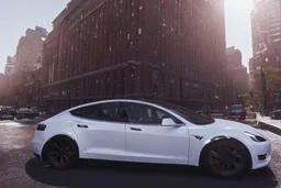 A Tesla 'Model S' is drifting at high speeds, near the Flatiron Building in Manhattan. (CINEMATIC, WIDE ANGLE LENS, PHOTO REAL)