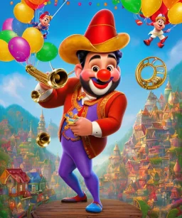 oilpainting, happy and funny old friendly clown with round head and trimmed beard playing jazz with a steampunk theme, trumpet on mouth, paintbrush and aisle, carnival, dreamy