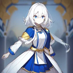 Clear focus, High resolution, rough line sketch art, short fluffy white hair, hair between eyes, fluffy hair, blue eyes, wearing a sleeveless shirt, wearing a a pleated skirt , detailed outfit, lots of details, bow on belt, white belt, white and blue everywhere on outfit, cut sleeve, yellow chains around outfit, concept art, arms folded, 1girl, genshin splash art, gift box looking