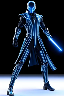 Tron Futuristic sci-fi swordsman character outfit. Long cout matrix style. Blue patterns of Tron style. Good hiking futuristic boots A good Light up Belt to hold the sword. Along with Metallic Light up Gauntlets.