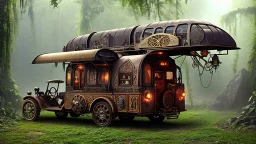 steampunk gipsy caravan crossed with a boat flying high over a jungle with platforms, verandas, and people, intricate