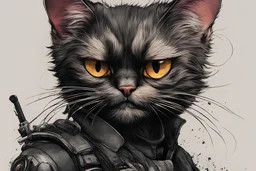 create a wild caricature of a grizzled streetwise cyberpunk female mercenary Black cat, highly detailed with refined feline features in the cartoon caricature style of Gerald Scarfe and Ralph Steadman precisely drawn, boldly inked, vividly colored, 4k
