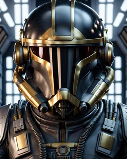 star wars bald male corellian pilot wearing dark gunmetal grey and black First Order special forces TIE pilot armored flightsuit and helmet with gold trim inside the jedi temple, centered head and shoulders portrait, hyperdetailed, dynamic lighting, hyperdetailed background, 8k resolution, volumetric lighting, light skin, fully symmetric details