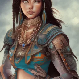 war painted pueblo Indian female,detailed eyes, blue eyes,, disturbed expression.intricate detaile,thnically accurate face, intricate head dress,detailed turquoise jewelry, detailed hair, detailed feathers, use dynamic palette, accurate proportions, high contrast black smokey bokeh background.korra character, style.