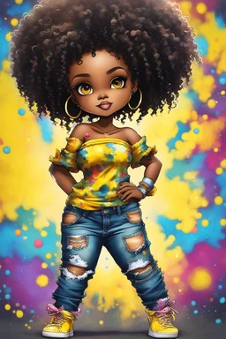 create a colorful abstract graffiti art image 8k of a chibi curvy black female wearing torn jeans pants and a yellow tie dye off the shoulder blouse. Prominent make up with hazel eyes. Highly detailed long tight curly afro in a hair wrap.