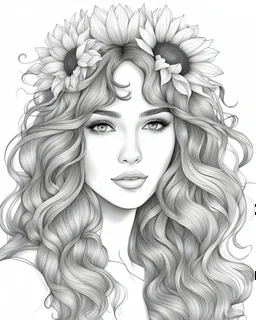 outline art for a gorgeous and sweet lady face, bangs, wavy hair, sunflower in her hair, coloring page, long hair, white background, sketch style, only use outline, clean line art, white background, no shadows and clear and well outlined