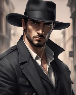 Man He wears Italian gangster clothes He is tall, , has a beautiful face, has brown eyes, and wears a black hat ، He holds a pistol in his hand