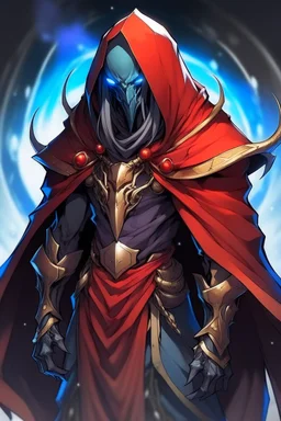 Anime alien villain character with rouge skin, huge , antagonist smart,too much modern armour and wearing a robe cover his head , aged thousand years and can Summons legendary monsters