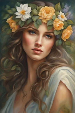 a painting of a woman with flowers in her hair, beautiful fantasy art portrait, beautiful fantasy portrait, beautiful fantasy painting, beautiful portrait oil painting, realistic cute girl painting, romanticism painting, gorgeous painting, beautiful character painting, very beautiful fantasy art, fine art portrait painting, woman in flowers, detailed soft painting, girl in flowers, portrait of celtic goddess diana