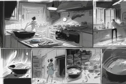 black and white storyboard, Peaple on foreground, between them in the middle we see cooks, scattered throughout the kitchen