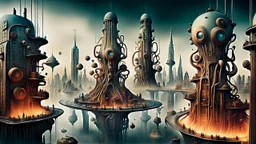 a stunningly weird image of a futuristic metropolis using Salvador Dali's paranoiac-critical method, where buildings and structures appear to melt into the skyline cityscape is filled with floating medusas and mad, twisted metal shapes that interact with the buildings and each other, forming a surreal tableau of a dreamlike reality. neu-steampunk vibe, essence of the scene in a cinematic manner, with dramatic shadows that enhance the distorted perspectives and bizarre mood