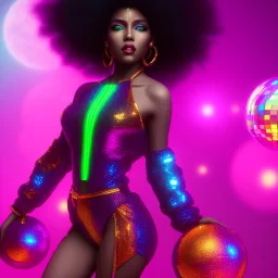 full body shot, masterpiece, best quality, family of three, black skinned, sparkling eyes, fluorescent skin, colorful makeup, disco, highly detailed body, afrofuturism, scifi, sun light, 4K, RAW, depth of field, high contrast, realistic details, 24mm