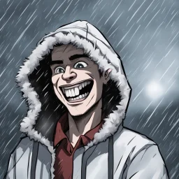 a closeup of a psychopathic young man with white eyes in a heavy coat and hood during a rainstorm laughing cartoon