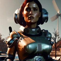 autmn, fallout 4 character, salma hayek windmill robot with axe in the streets of cyberpunk city filling up car, gaz station, unreal, spray paint, clay, vox model