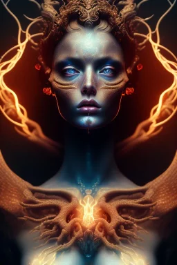 portrait photography of an ethereal beautiful animal goddess, Fire theme art, Dark moody night atmosphere, Portrait of a man by Michelangelo, 8K, close-up face, anatomically perfect face, oak tree roots, ignore NSFW