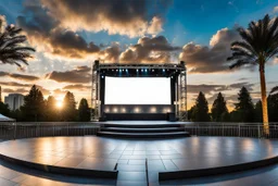 a big open empty disko stage in modern city in a very big square , at distance,cloudy sky at night,moon light .