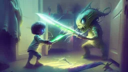 child destroys the alien that came out of his closet with a magical sword