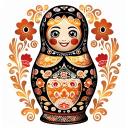 draw matryoshka dolls, the matryoshka is smiling, the kind sweet face of the matryoshka doll, behind the matryoshka Russian patterns in the style of Khokhloma