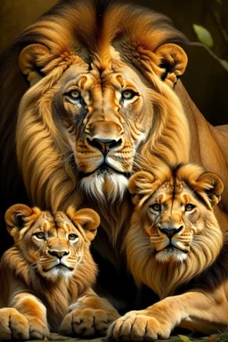 Generate an image of animal lion with his children