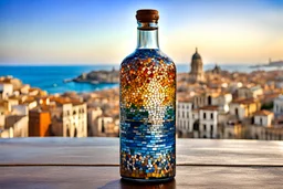 bottle art, ((stepwise colours mosaic texture)) on tall glass bottle painted, stunning , high detailed, sharp focus, in background a mediterrane landscape, old city, photorealistic Professional photography, bokeh, natural lighting, canon lens, shot on dslr 64 megapixels sharp focus