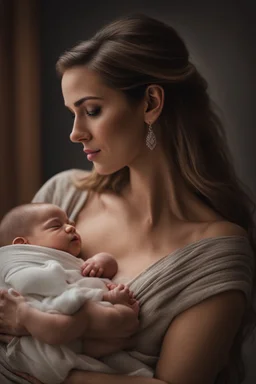 A hyper-realistic, A tender moment between a mother and her newborn, as she lovingly cradles her baby while breastfeeding. full size ,Photo Real, HOF, full size, practicality,manufacturability,performance, (((realism, realistic, realphoto, photography, portrait, realistic, elegant, charming, , professional photographer, captured with professional DSLR camera, trending on Artstation, 64k, ultra detailed, ultra accurate detailed, bokeh lighting, surrealism, Thomas Kinkade backgroun