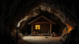 interior of a small wooden cabin hidden deep within the cave, 8k, high quality, trending art, trending on artstation, sharp focus, studio photo, intricate details, highly detailed, by tim burton