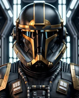 star wars bald male corellian pilot wearing dark gunmetal grey and black First Order special forces TIE pilot armored flightsuit and helmet with gold trim inside the jedi temple, centered head and shoulders portrait, hyperdetailed, dynamic lighting, hyperdetailed background, 8k resolution, volumetric lighting, light skin, fully symmetric details