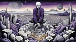 inner world ,a nonbinary human figure crouched in the middle of a multi-layered thick amorphous block of stone consisting of several layers, around weird whimsical landscape city in the distance, pale eyes, pale hands faint human figures, dark purple, gray, black, white, brown. Whimsical style of Chagall , of Minjae Lee and Anton Semenov, lonely with absurd broken land, neuron network background, surreal vibe