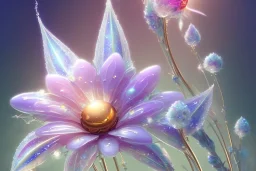 one big crystal subtle flower in a galactic ambiance, transparent petals, delicate colors, in the foreground, with a very little beautiful fairy, full of details, smooth, bright sunshine，soft light atmosphere, light effect，vaporwave colorful, concept art, smooth, extremely sharp detail, finely tuned detail, ultra high definition, 8 k, unreal engine 5, ultra sharp focus