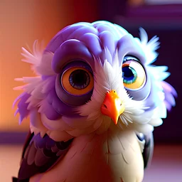 Pixar, cute little hen, very big eyes, very long eyelashes, beautiful ruffled multicolored feathers