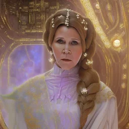 hyperspace background, complete and photo realistic detailed head to waist stunning photo realistic portrait of carrie fisher as Princess Leia in star wars with photo realistic updo hair by Mandy Jurgens and mucha and Richard Schmid and chuck close and chie yoshii, extraordinary and detailed ceremony dress of star wars,brown eyes