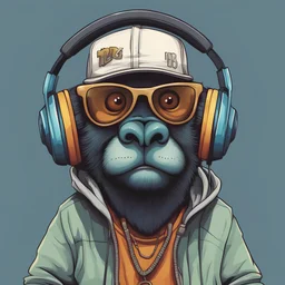 Funny caricatured creature character dressed in hip hop clothing and wearing headphones, pencil drawing, colors hatching and shading, fractured, short focus, vanishing point, vignetting, light in contrast, highly detailed, thin loose lines, white background