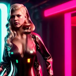 Actress, young Katheryn Winnick, blonde replicant woman, blade runner style, rain, fog, neon ambient, gradient color, clean skin, circuits, latex coat, cyber punk, neon, tubes, portrait, studio photo, unreal engine 5, smooth color, 16 bit, god lights, ray tracing, RTX, lumen lighting, ultra deatail, volumetric lighting, 3d, finely drawn, hd.